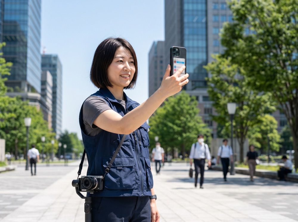 SNS動画制作 - 屋外でスマホからSNS投稿する女性カメラマン